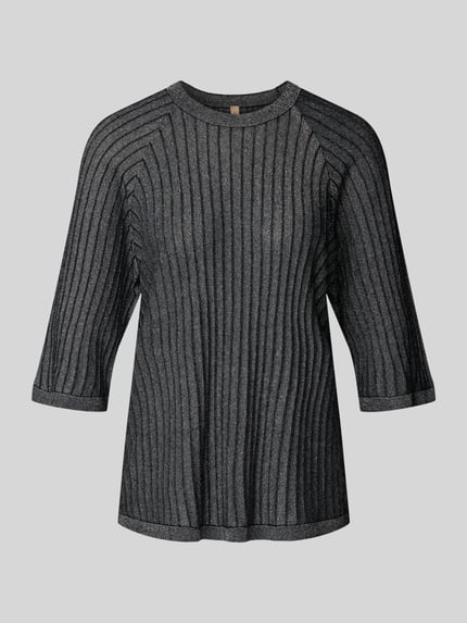 Produktfoto, dunkelgrauer Strickpullover mit gerippten Abschlüssen Modell 'VIOLETTA' von Soyaconcept, Viskose-Mix, lockerer Schnitt, Rundhalsausschnitt, 3/4-Ärmel, vertikale Struktur, Rückenlänge 60 cm, Ärmellänge 33 cm