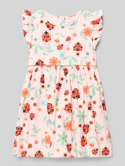 Productfoto, Kleid im Allover-Look van Happy Girls, lichtroze met kleurrijke lieveheersbeestjesprint, puur katoen, A-lijn, ronde hals, ruglengte maat 116: 60 cm