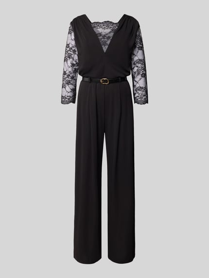 Produktfoto, Regular Fit Jumpsuit mit Spitzenbesatz van Rinascimento in zwart met transparant kant, V-hals, plooien, 3/4-mouw, dames, Ruglengte maat S: 37 cm, Borstwijdte maat S: 36 cm, Mouwlengte maat S: 47 cm, Totale lengte maat S: 158 cm, Binnenbeenlengte maat S: 87 cm