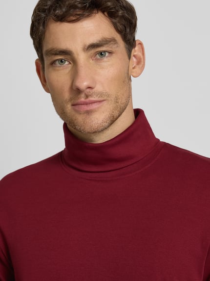 Männermodel trägt Regular Fit Rollkragenpullover aus Baumwoll-Mix van Tom Tailor in effen bordeauxrood met logo-print, Nahaufnahme Oberkörper.