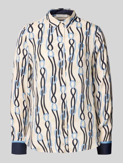 Produktfoto, Hemdbluse mit Knopfleiste von Eterna aus reiner Viskose, lockerer Schnitt, Hemdblusenkragen, grafisches Muster in Blau auf Beige