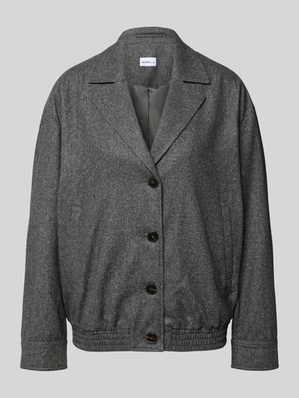 Produktfoto, grijze wollen jacks met zijde van Marella, los model, Reverskraag, doorlopende knoopsluiting, steekzakken, elastische band, Model 'MILLALISSO', ruglengte maat 36 ca. 65 cm, schouderbreedte 52 cm, borstwijdte 59 cm, mouwlengte 39 cm