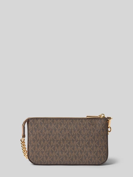 Productfoto, Shoulder Bag mit Logo-Applikation Modell 'Jet Set' van MICHAEL Michael Kors, bruin met All-over logoprint, goudkleurige schouderband met schakelketting, Hoofdvak met ritssluiting, Breedte 20 cm, Lengte 12 cm, Diepte 5 cm, schouderbandlengte 14 cm