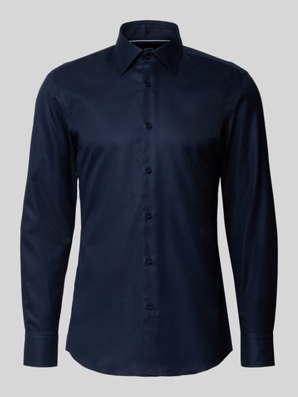 Produktfoto, granatowa koszula o kroju slim fit wykonana z gładkiej bawełny model 'H-HANK-K' od BOSS, kontekst: koszule biznesowe męskie