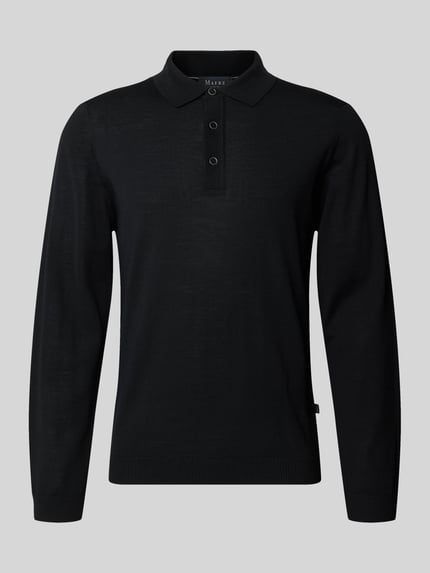 Produktfoto, Regular Fit Strickpullover aus reiner Schurwolle mit Polokragen von MAERZ Muenchen in Schwarz, sichtbare elastische Abschlüsse, neutrale Hintergrundfarbe, Herren Strickpullover