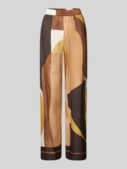 Produktfoto, Straight Fit Stoffhose aus reiner Viskose mit Allover-Muster von Emily Van den Bergh, braun-gelb gemustert, elastischer Bund, Damen Stoffhose