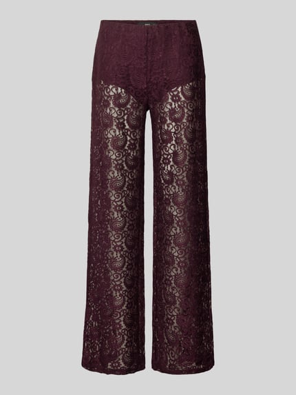 Produktfoto, Stoffhose aus Spitze Modell 'GRACE' von Mango in Bordeaux, transparenter Look mit Paisley-Stickerei, relaxed Fit, elastischer Mix