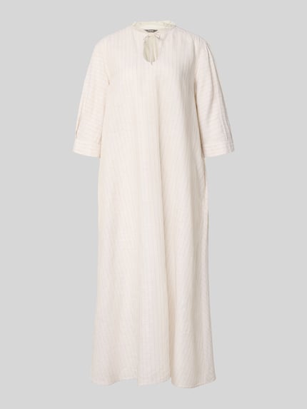 Productfoto, Midikleid aus Leinen-Baumwoll-Mix mit 3/4-arm van MM by Max Mara, model 'MEMO', wide fit, sleutelgat-halslijn met strik, lichte natuurlijke kleur, structuur lichte strepen, ruglengte 126 cm, borstwijdte 50 cm, mouwlengte 40 cm