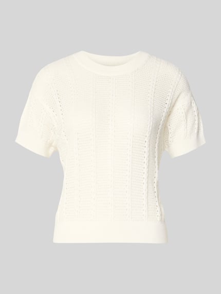 Produktfoto, Relaxed Fit Strick-Shirt aus Baumwoll-Mix Modell 'LUX LIGHT' von Vero Moda w jednolitym kolorze, wzór ażurowy, okrągły dekolt, krótki rękaw, ściągacze, materiał bawełniany