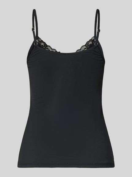 Produktfoto, Slim Fit Top mit Spitzenbesatz von Skiny aus elastischem Micromodal-Mix in Schwarz mit Spaghettiträgern, glatte Oberfläche.