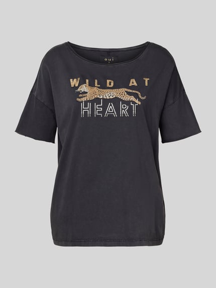 Oui Relaxed Fit T-Shirt aus reiner Baumwolle mit Motiv-Print Anthrazit 2