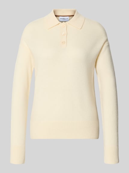 Produktfoto, Strick-Poloshirt aus Woll-Kaschmir-Mix Modell 'SORMA' von Marella in Beige, Polokragen, Langarm, gerippte Abschlüsse, Strick-Optik