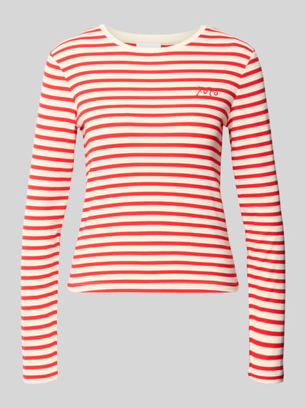 Produktfoto, Longsleeve mit Rundhalsausschnitt und Statement-Stitching von comma, rot-weiß gestreift, Viskose-Mix mit Stretch, körpernah