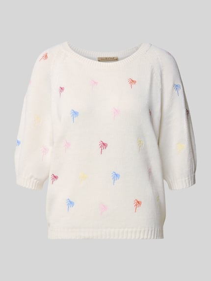 Produktfoto, Pullover mit Raglanärmeln und Motiv-Stitching von Smith and Soul, weiß, bunte Palmen-Stitchings, Baumwoll-Mix, gerader Schnitt, Rundhalsausschnitt, 1/2-Arm, gerippte Abschlüsse
