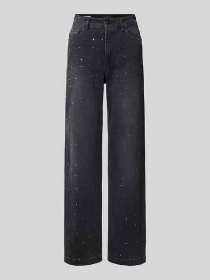Produktfoto, Straight Fit Jeans aus Baumwoll-Mix mit Allover-Strasssteinbesatz von Marc Cain in Schwarz, 5-Pocket-Design, strukturierte Oberfläche