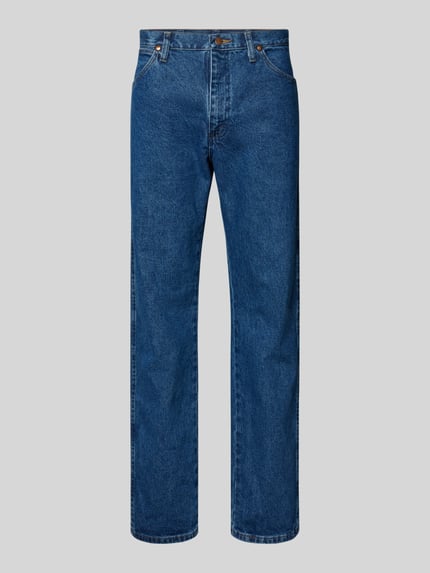 Productfoto, Cowboy Cut Jeans im 5-Pocket-Design van Wrangler, blauwe katoenen jeans, rechte fit, knoop- en ritssluiting, herenmode.