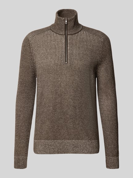 Produktfoto, sweter z dzianiny Strickpullover aus Schafswolle mit Troyer-Kragen od MAERZ Muenchen, wełna owcza, krój slim fit, kołnierz zapinany, zamek błyskawiczny, Długość tyłu w rozmiarze 50: 69 cm, Długość rękawów w rozmiarze 50: 74 cm, brązowy melanż, wyraźna struktura dzianiny