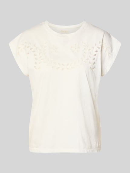 Produktfoto, Regular Fit T-Shirt aus reiner Baumwolle Modell 'MINA' von Pepe Jeans, Optik: Unifarben, Lochstickerei mit Mesh-Einsatz, Label-Stitching, Rundhals, Kurzarm, feine Struktur.