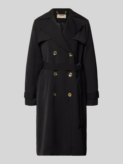 Produktfoto, czarny dwurzędowy trencz z wiązanym paskiem, złote guziki, miękka faktura, 'Zweireihiger Trenchcoat mit Bindegürtel' von MICHAEL Michael Kors, krój regular fit, kołnierz z połami, długość tyłu w rozmiarze S: 47 cm, szerokość ramion w rozmiarze S: 40 cm, szerokość klatki piersiowej w rozmiarze S: 50 cm, długość rękawów w rozmiarze S: 63 cm