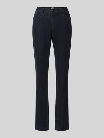 Productfoto, donkerblauwe smalle broek uit katoenmix model 'mary' van Brax, effen oppervlak, dames smalle broek