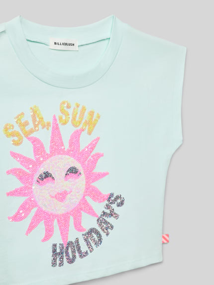 Productfoto, T-shirt uit puur katoen van BILLIEBLUSH, recht model, ronde hals, verkort design, ruglengte maat 116: 35 cm, lichtblauw met roze en paarse glitterprint