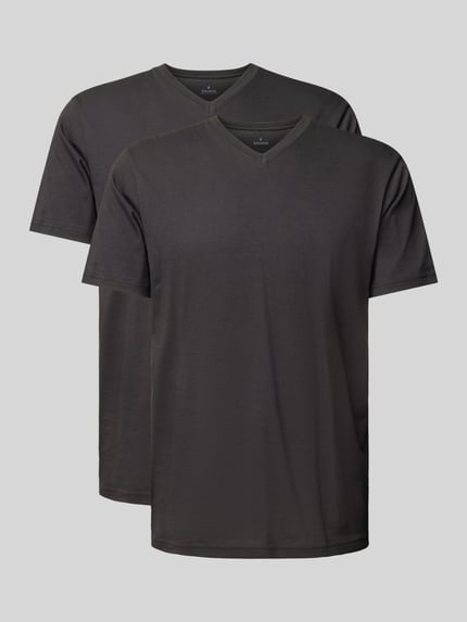 RAGMAN T-shirt z prążkowanym dekoltem w serek w zestawie 2 szt. Czarny 2