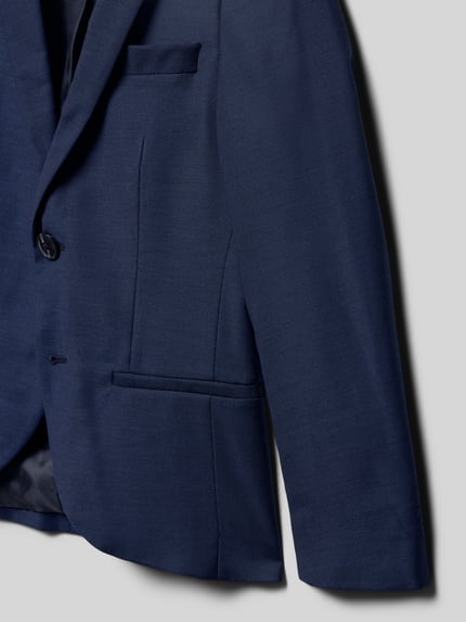Produktfoto, Żakiet z mieszanki materiałów z mieszanką wełny lana, krój regular fit, model 'SOLARIS' od Jack & Jones, kołnierz z połami, zapięcie na guzik, długość tyłu 49 cm, szerokość ramion 31 cm, długość rękawów 45 cm, gładka granatowa tekstura