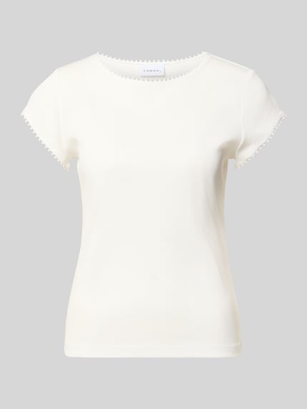 Produktfoto, T-Shirt mit Rundhalsausschnitt von Comma, cremeweiß, Reine Baumwolle, Regular-Fit, Feinripp, Rückenlänge 57 cm Größe 36