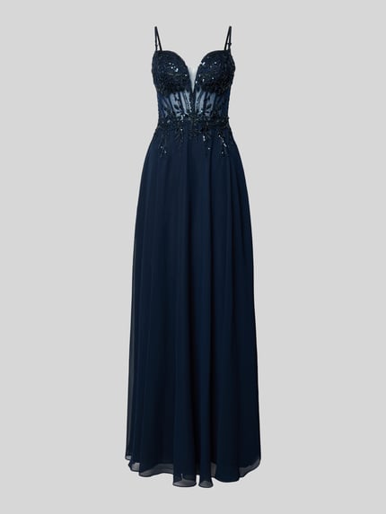 Produktfoto, Abendkleid mit Perlen und Pailletten von Luxuar aus dunkelblauem Chiffon in A-Linie als Maxikleid mit Corsagenkleid-Optik