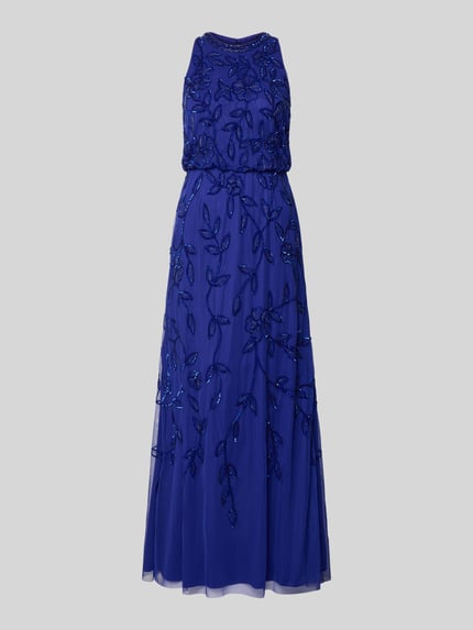 Produktfoto, Abendkleid mit Perlen und Pailletten von Adrianna Papell in Blau, A-Linie, Maxikleid, Rundhalsausschnitt, fein bestickt