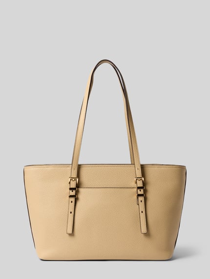 Productfoto, Tote Bag uit echt leer met logo-applicatie model 'Quinn' van MICHAEL Michael Kors in beige met fijne structuur, context: Dames Tote Bag, hoofdvak met ritssluiting, smalle schouderbanden, breedte 41 cm, lengte 22 cm, diepte 12 cm, schouderbandlengte 86 cm