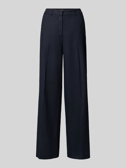 Produktfoto, Hose aus Leinen-Mix mit Bügelfalten Modell 'MIRA' von Cambio, dunkel, Regular-Fit, feine Stoffstruktur, Frontansicht. Damen Hose mit Baumwoll-Anteil, Bundweite 38 cm, Innenbeinlänge 85 cm.