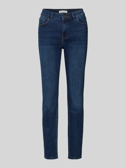 Produktfoto, donkerblauwe Skinny Fit Jeans met 5-pocket-design van Christian Berg Woman, katoen-viscosemix met stretch, rechte textuur.
