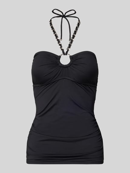 Produktfoto, schwarzes Tankini-Oberteil mit Gliederketten-Neckholder und rückseitiger Schnürung, Material-Mix mit Stretch-Anteil, Bandeau Fit, Tankini-Oberteil mit Neckholder in Gliederketten-Optik von Michael Kors