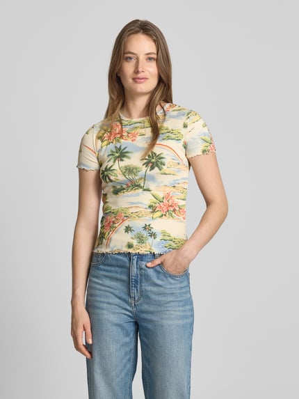 Jake*s Casual T-shirt in riblook met golvende zoom Ecru - 4