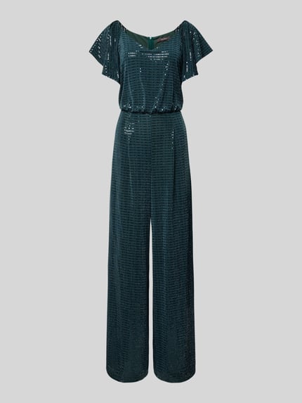 Produktfoto, Schimmernder Jumpsuit mit V-Ausschnitt von Vera Mont, kolor ciemnozielony, materiał z połyskiem, krój regular fit, stretch, zamek z tyłu, długość całkowita 153 cm, długość wewnętrzna nogawki 83 cm, długość pleców 149 cm, szerokość w rozmiarze 36: 33 cm, długość rękawa 17 cm