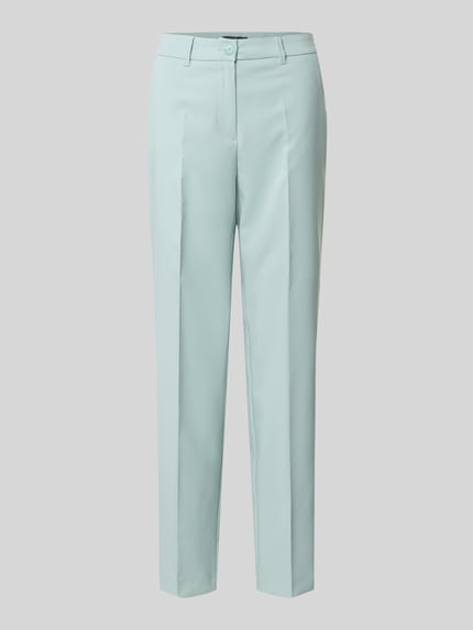 Produktfoto, Straight Fit Stoffhose mit Bügelfalten von Betty Barclay, elastyczna mieszanka materiałów, kanty, kieszenie z tyłu, zapięcie na guzik i zamek błyskawiczny, szerokość w rozmiarze 36: 38 cm, długość wewnętrzna nogawki w rozmiarze 36: 75 cm, jasnoniebieski kolor, gładka tekstura