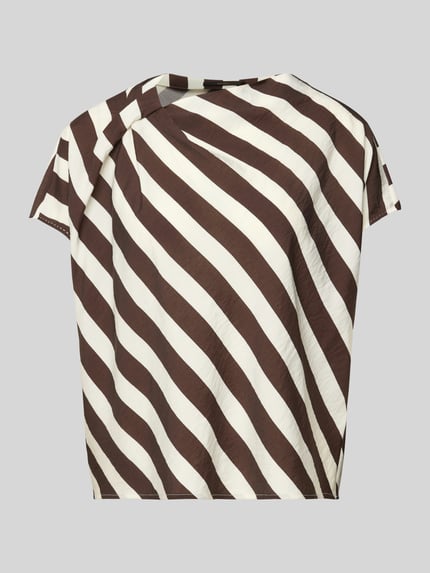 Produktfoto, Blusenshirt aus Viskose-Mix mit asymmetrischem Ausschnitt von Windsor, wzór w brązowo-białe pasy, loose fit, len, długość tyłu w rozmiarze 36: 56 cm