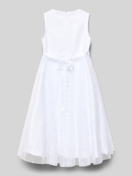 Produktfoto, Minikleid mit Rundhalsausschnitt von Weise in Weiß, taillierter Schnitt, Nahtreißverschluss, blickdichtes Unterkleid, Rückenlänge bei Größe 134: 87 cm, feine Textur mit Stickdetails
