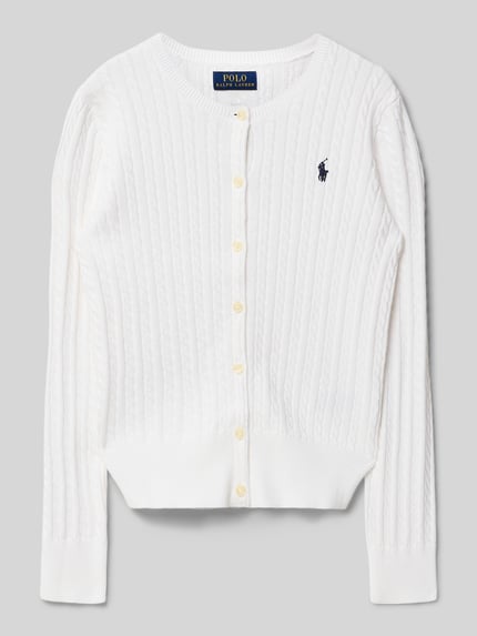 Produktfoto, Regular Fit Strickjacke aus reiner Baumwolle von Polo Ralph Lauren Teens in Weiß, Zopfmuster, Crew Neck, gerippte Abschlüsse