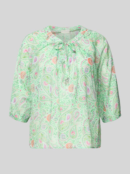 Produktfoto, Regular Fit Bluse mit 3/4-Arm von Milano Italy aus reiner Baumwolle, grün gemustert, Rundhalsausschnitt, Schnürung, Allover-Look
