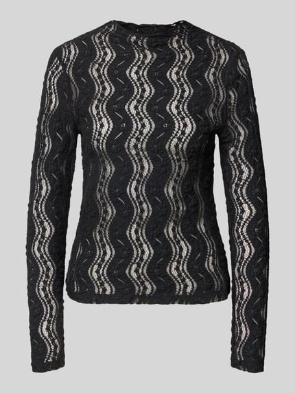 Produktfoto, Slim Fit Longsleeve aus elastischem Baumwoll-Mix mit Stehkragen von Christian Berg Woman Selection, Schwarz mit wellenförmigem, transparentem Muster, Damen Longsleeve, elastischer Baumwoll-Mix, Rückenlänge bei Größe S 56 cm.