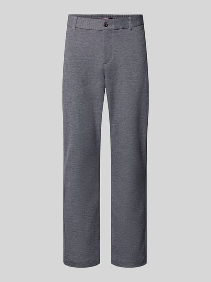 Produktfoto, Relaxed Fit Schmale Hose aus reiner Baumwolle Modell 'HARLEM' von Tommy Hilfiger in Optik: Unifarben Two-Tone, Struktur fein, Farbe grau-blau, Passform: Relaxed-Fit, Länge: Regular, Label-Stitching-Applikation, Logo-Details, Gürtelschlaufen, Knopf und verdeckter Reißverschluss, elastischer Bundabschluss, Gesäßtaschen, seitliche Eingrifftaschen, Material: reine Baumwolle.
