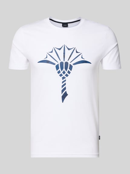 Produktfoto, T-Shirt mit Rundhalsausschnitt Modell 'Alerio' von JOOP! Collection in Weiß mit blauem Logo-Print, reine Baumwolle, Regular Fit.