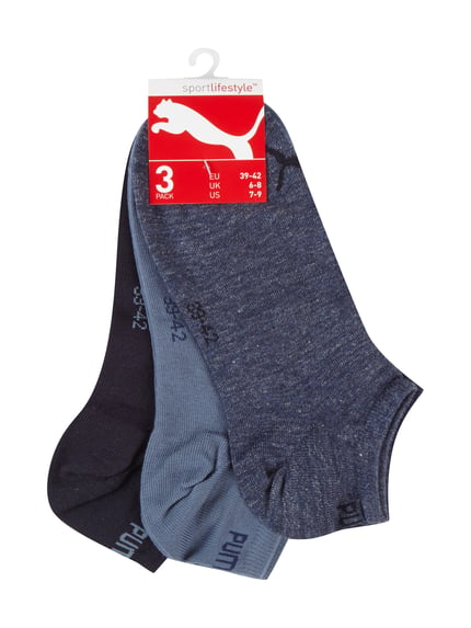 Produktfoto, Sneakersokken met logo in set van 3 van PUMA, heren, katoenmix met stretch, nauwsluitende pasvorm, donkerblauw en blauw.