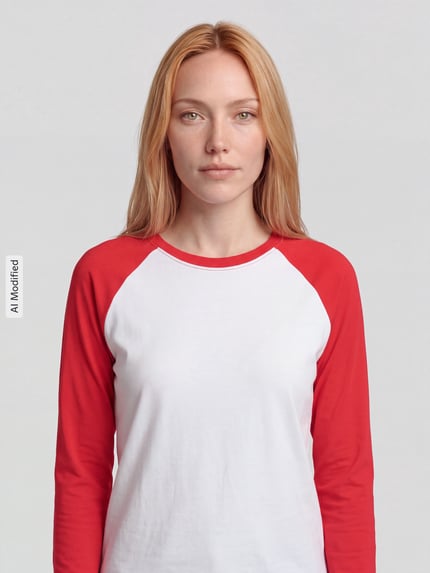 Frauenmodel trägt Regular Fit Langarmshirt aus reiner Baumwolle - s.Oliver x Heidi Klum von s.Oliver RED LABEL, Weiß mit roten Ärmeln, Nahaufnahme Oberkörper, KI-modifiziertes Bild.