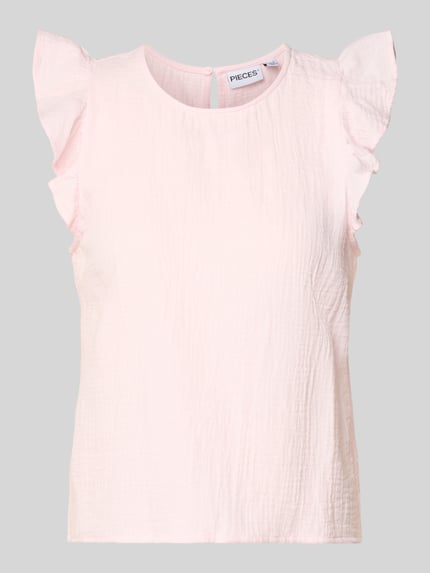 Produktfoto, Regular Fit Top aus reiner Baumwolle Modell 'SASTINA' von Pieces, unifarbenes Flammgarn, Rundhalsausschnitt, zarte Rüschen, zartrosa Farbton