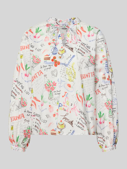 Productfoto, Regular Fit Bluse im Allover-Look mit Schnürung van Emily Van den Bergh, witte katoenen stof met kleurrijke illustraties en tekst, v-hals met strik, rechte pasvorm, lange mouwen