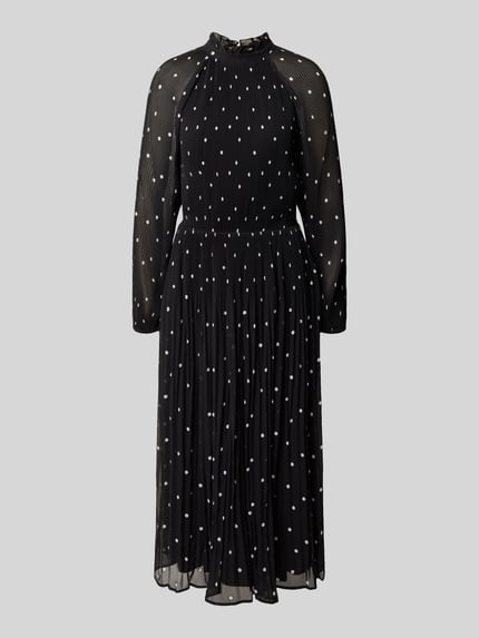 Produktfoto, schwarzes Midikleid im Allover-Look mit weißen Punkten, Plisseefalten, Stehkragen, Marke COMMA, fließende Textur