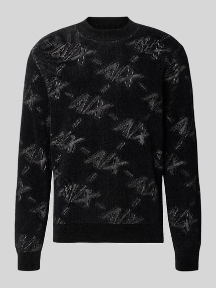 Produktfoto, Regular Fit Pullover mit Viskose-Anteil von Armani Exchange, Mieszanka materiałów z dodatkiem wiskozy, krój regular fit, okrągły dekolt, elastyczne zakończenia rękawów, długość tyłu w rozmiarze M: 69 cm, długość rękawów w rozmiarze M: 66 cm, czarne i szare abstrakcyjne wzory, strukturalna faktura dzianiny